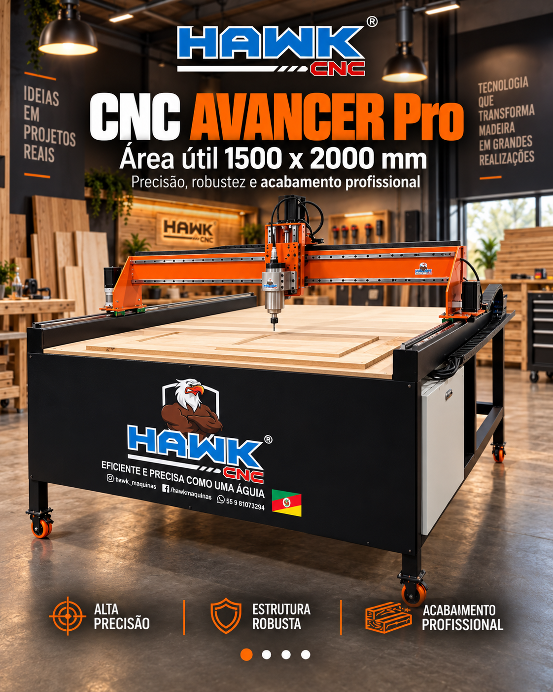 Router CNC Hawk 1500 x 2000 — router CNC com área útil de 1500 x 2000 x 150 mm