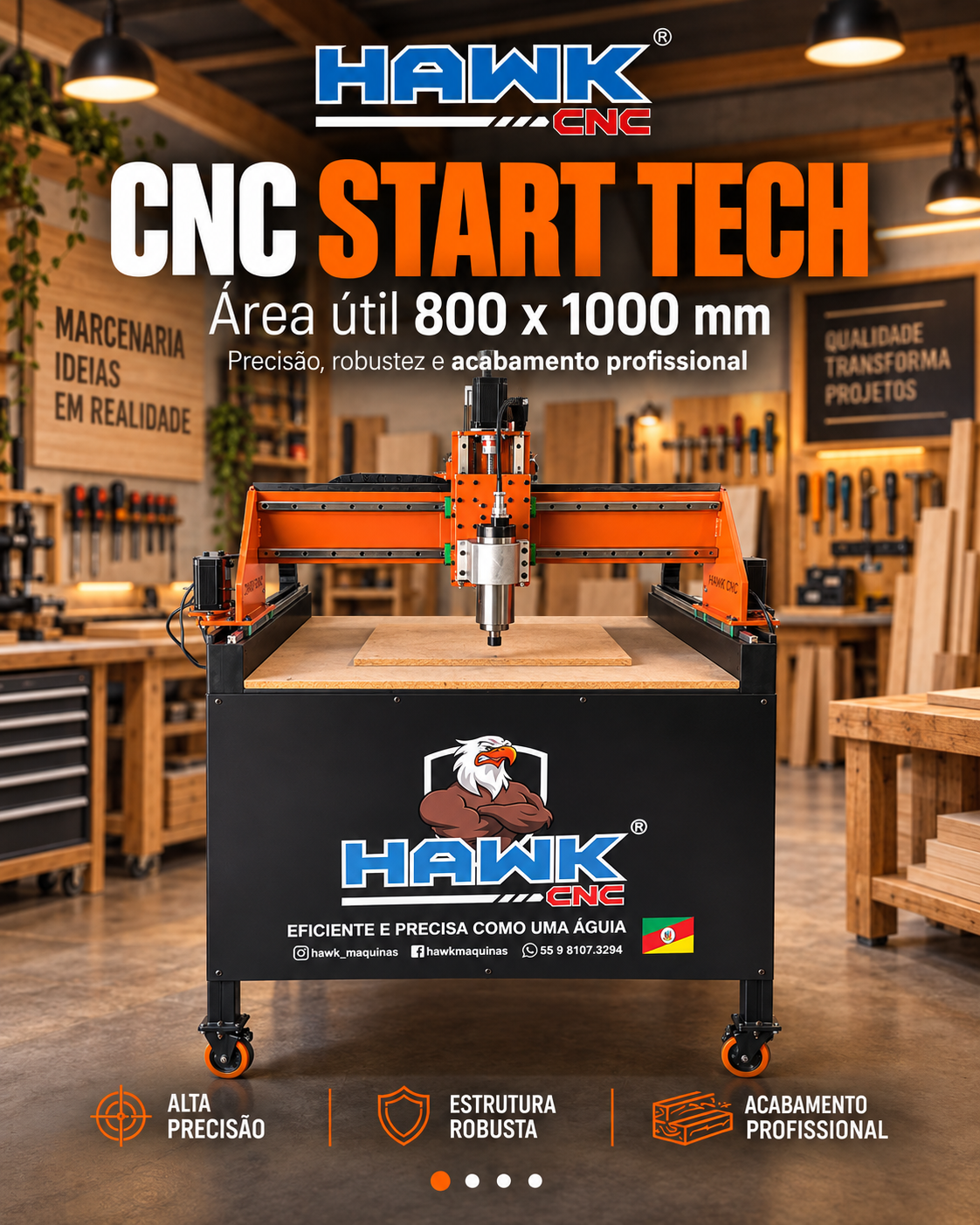 Router CNC Hawk 800 x 1000 — router CNC com área útil de 800 x 1000 x 150 mm